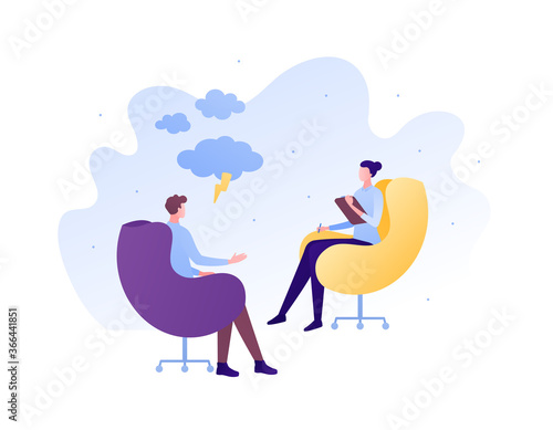 Psychology, emotion and psychotherapy concept. Vector flat person illustration. Woman therapist counseling male patient sitting on chair. Anger and depression symbol. Design for banner, web