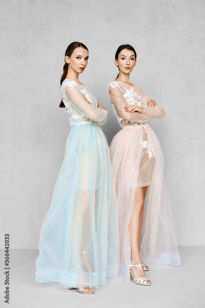 Two beautiful girls in transparent tulle dresses with lace