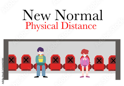 New normal physical distancing, man and women keep distance at bus stations.