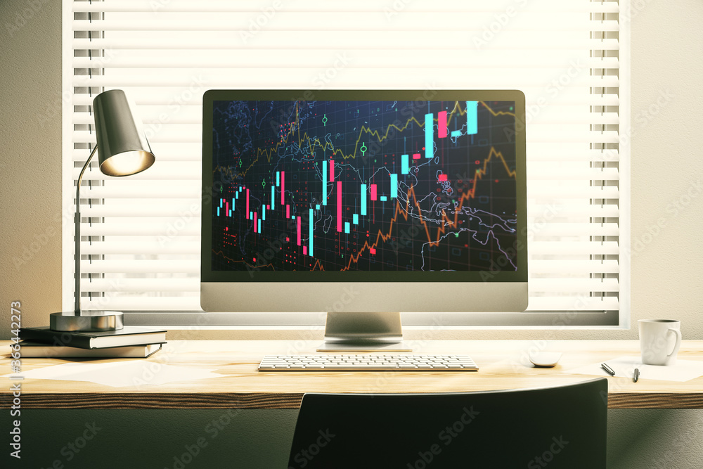Abstract creative financial graph on modern laptop screen, forex and investment concept. 3D Rendering Abstract creative financial graph on modern laptop screen, forex and investment concept. 3D Rendering
