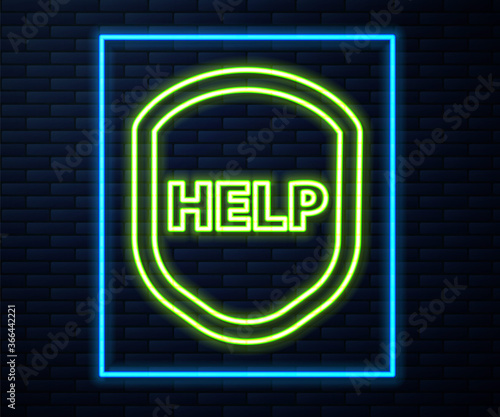 Glowing neon line Shield with text Help icon isolated on brick wall background. Guard sign. Security, safety, protection, privacy concept. Vector Illustration.