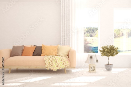 White living room with sofa. Scandinavian interior design. 3D illustration