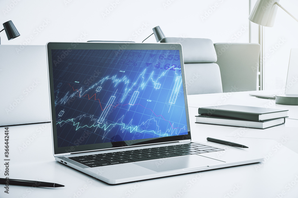 Fototapeta premium Modern computer screen with abstract creative financial chart, research and analytics concept. 3D Rendering