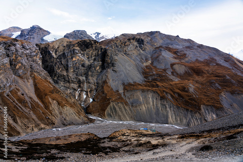 Panoramic views on a popular tourist destination trail in Nepal - Annapurna Circuit Trail. Way to base camp and Thorong La or Thorung La pass. photo