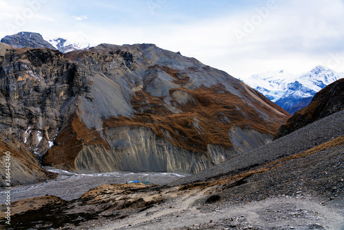 Panoramic views on a popular tourist destination trail in Nepal - Annapurna Circuit Trail. Way to base camp and Thorong La or Thorung La pass. photo