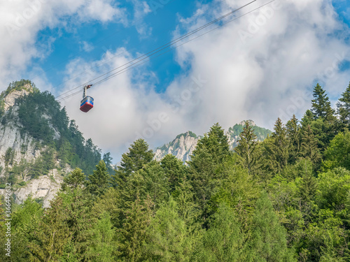 Cable car or telecabin in the Carpathian Mountains, Romania. Beautiful landscape in Bucegi National Park, Romania.