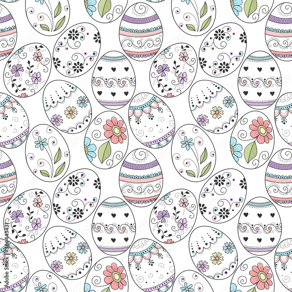 Seamless pattern of hand drawn decorated easter eggs on white background. Design element for greeting card, invitation or wrapping paper Seamless pattern of hand drawn decorated easter eggs on white background. Design element for greeting card, invitation or wrapping paper