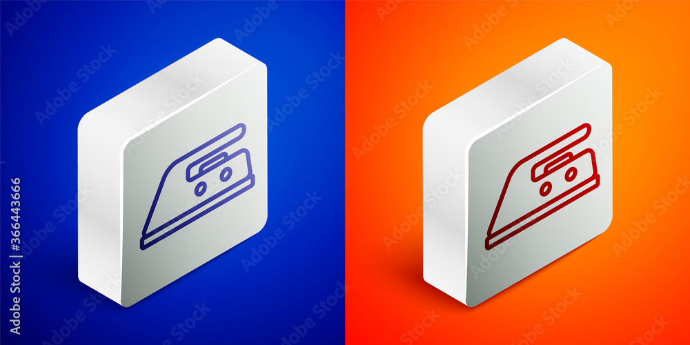 Isometric line Electric iron icon isolated on blue and orange background. Steam iron. Silver square button. Vector Illustration. Isometric line Electric iron icon isolated on blue and orange background. Steam iron. Silver square button. Vector Illustration.
