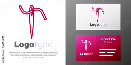Logotype line Needle for sewing with thread icon isolated on white background. Tailor symbol. Textile sew up craft sign. Embroidery tool. Logo design template element. Vector Illustration.