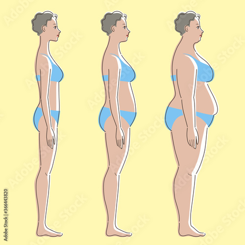 Slender, medium, and overweight. Side whole body of brown skinned female. Concept of health, beauty, and diet. Vector illustration.