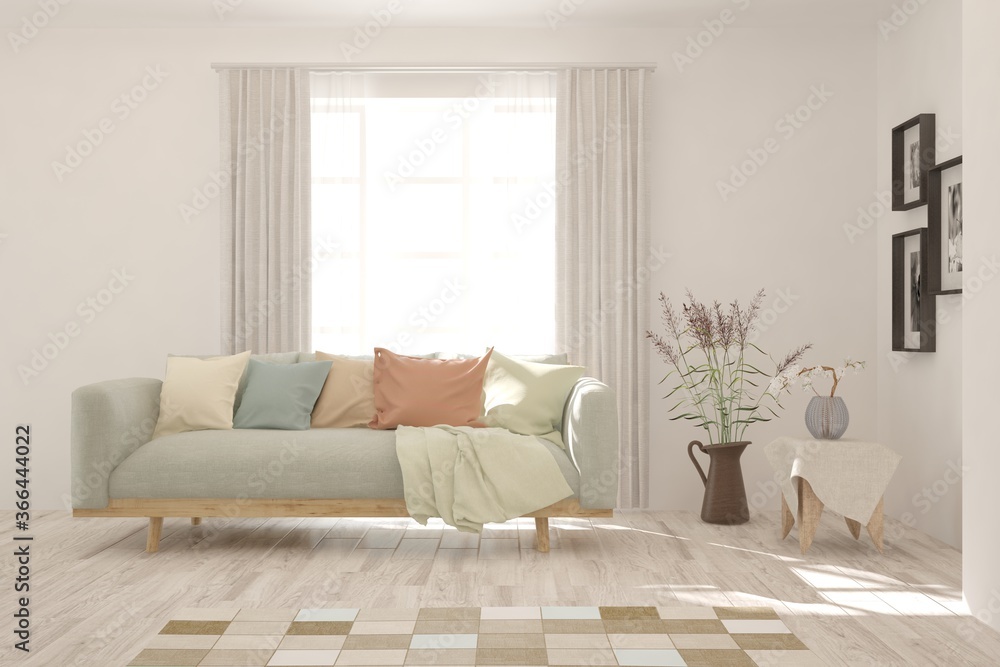 Fototapeta premium White living room with sofa. Scandinavian interior design. 3D illustration