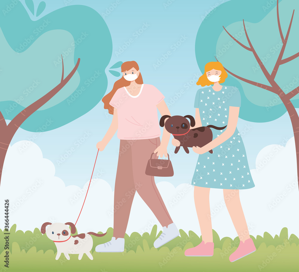 Φωτογραφία people with medical face mask, women walking with pets dog, city activity during