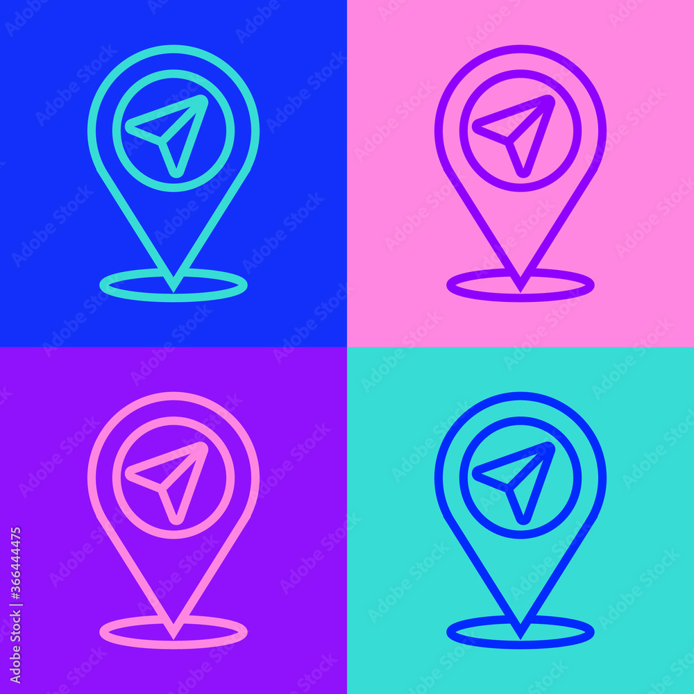 Pop art line Map pin icon isolated on color background. Navigation, pointer, location, map, gps, direction, place, compass, search concept Vector Illustration Pop art line Map pin icon isolated on color background. Navigation, pointer, location, map, gps, direction, place, compass, search concept Vector Illustration