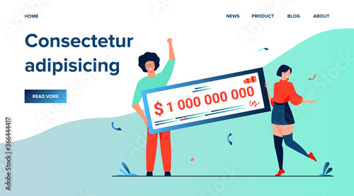Happy girl and guy winning billion of cash, getting money prize, holding bank check. Flat vector illustration for grant, lottery winner, jackpot concept