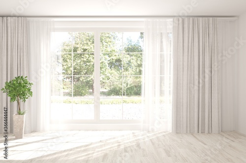 White empty room with summer landscape in window. Scandinavian interior design. 3D illustration