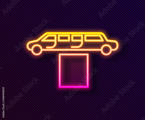 Glowing neon line Luxury limousine car and carpet icon isolated on black background. For world premiere celebrities and guests poster. Vector Illustration.