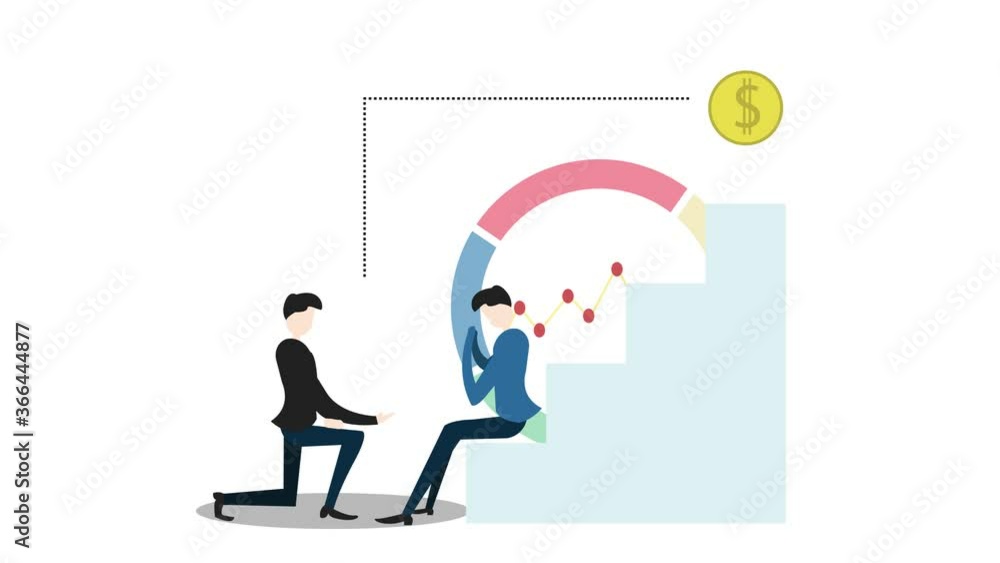 Young businessman animation helping his sad friend to climbing stairs while trying to gets money or success. Shot in 4k resolution Young businessman animation helping his sad friend to climbing stairs while trying to gets money or success. Shot in 4k resolution