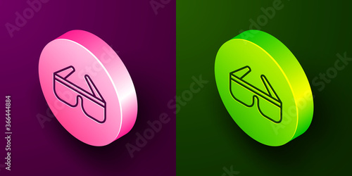 Isometric line 3D cinema glasses icon isolated on purple and green background. Circle button. Vector Illustration.