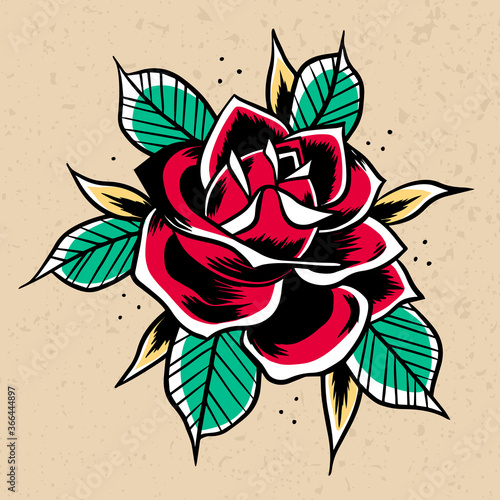 Old School red Rose. Print for t-shirt postcards logo icons. Vintage traditional art. Simbol of love. Barbershop or tattoo studio design. Stock vector illustration isolated on white background.