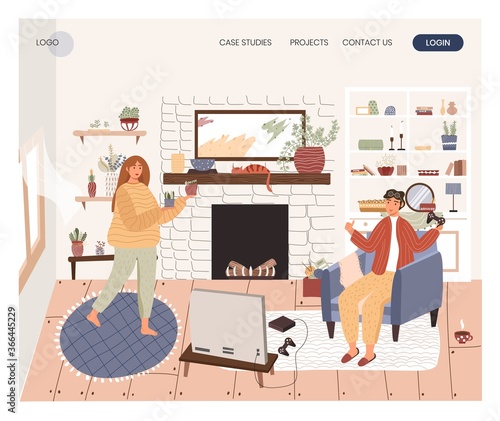 Woman take care house plant while man plays console game. Happy couple stay at home, leisure time. Concept illustration. Vector web site design template. Landing page website illustration