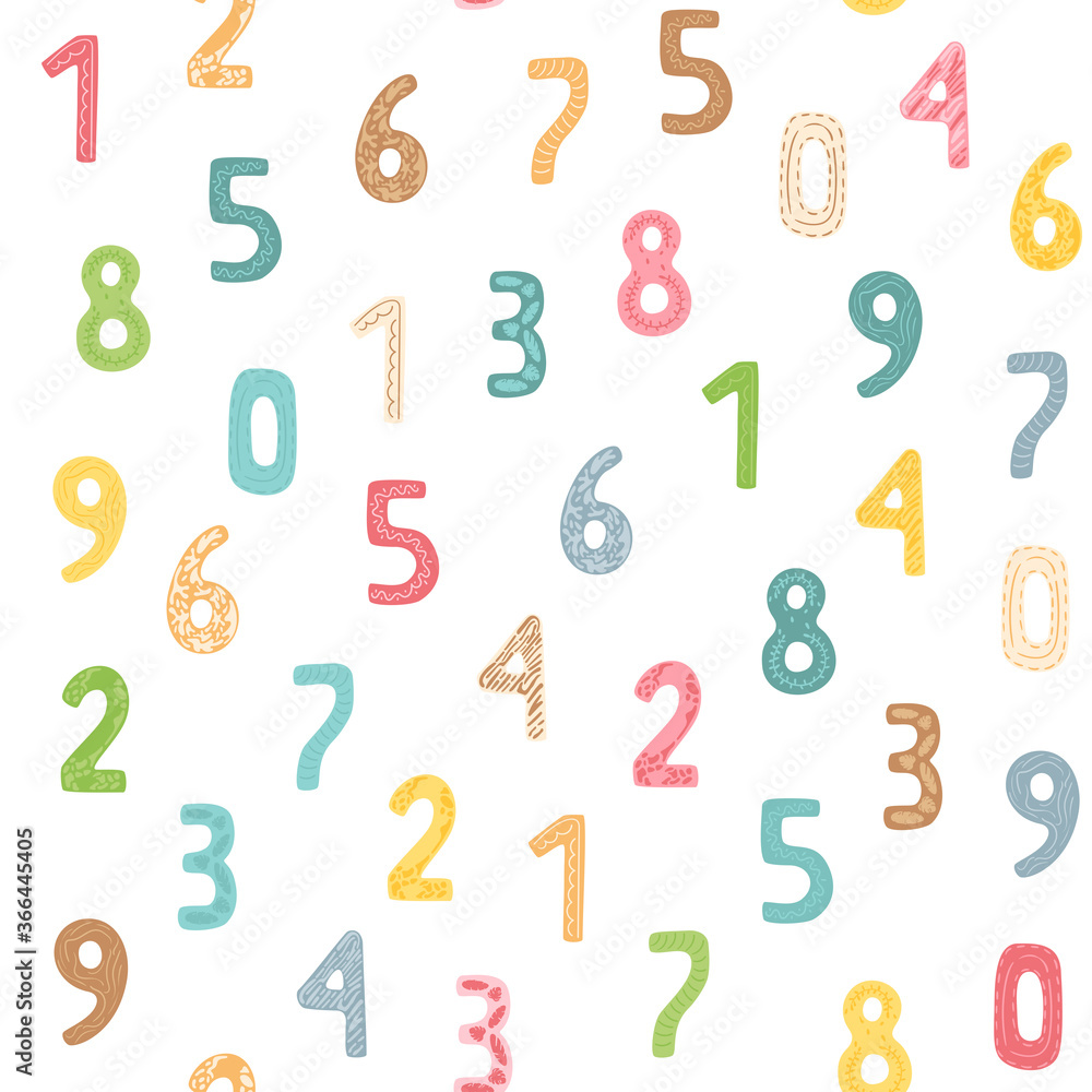 Hand drawn colored numbers on white background. Isolated characters. Abstract vector illustration. School kids print. Seamless pattern. 