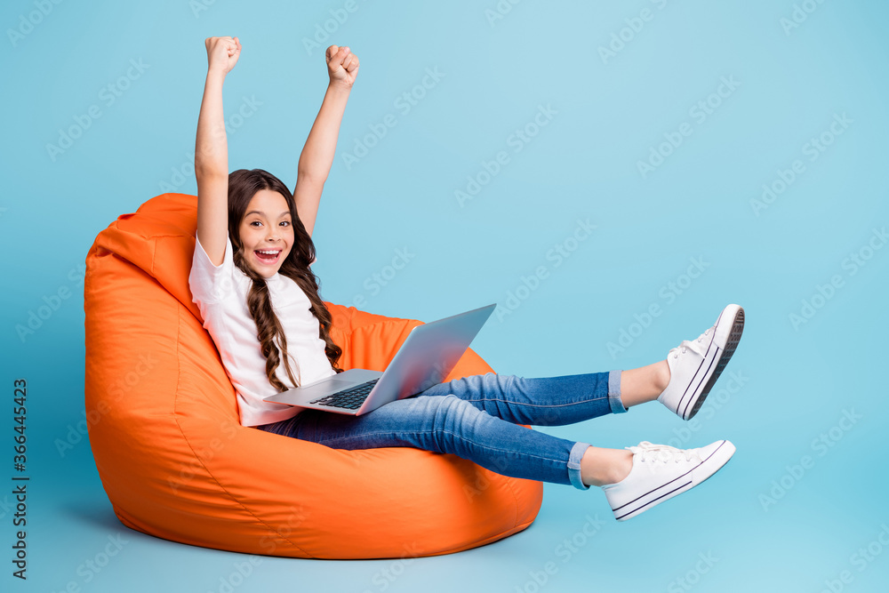 Portrait of nice attractive cheerful cheery excited glad wavy-haired girl sitting in chair using laptop celebrating win isolated on bright vivid shine vibrant blue teal turquoise color background - obrazy, fototapety, plakaty 