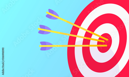 Goal achievemen business concept sport target icon and arrows in the bullseye. Teamwork results icon sign vector banner illustration isolated on light blue background flat style design.