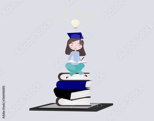 Illustration woman reading a book. Cartoon character cute girl using laptop and Online learning  concept .