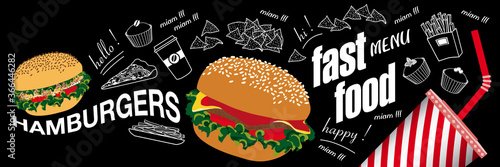 Affiche ou bannière pour fastfood avec des aliments en couleur et au trait blanc sur un fond de tableau noir.