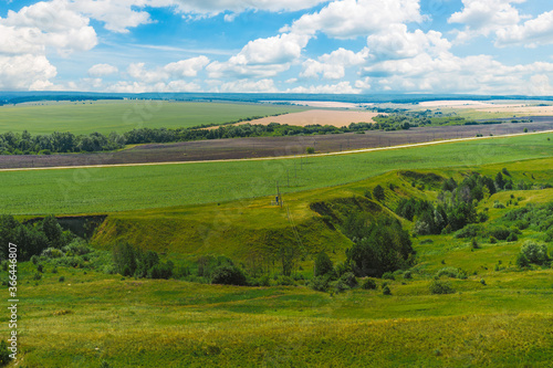 Large panoramic view of the landscape of wheat fields, ears and yellow-green hills, mountain view with lakes
