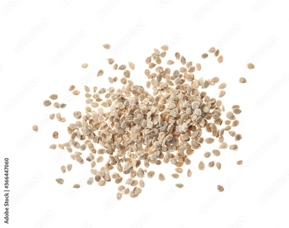 Pile of raw tomato seeds on white background, top view. Vegetable planting Pile of raw tomato seeds on white background, top view. Vegetable planting