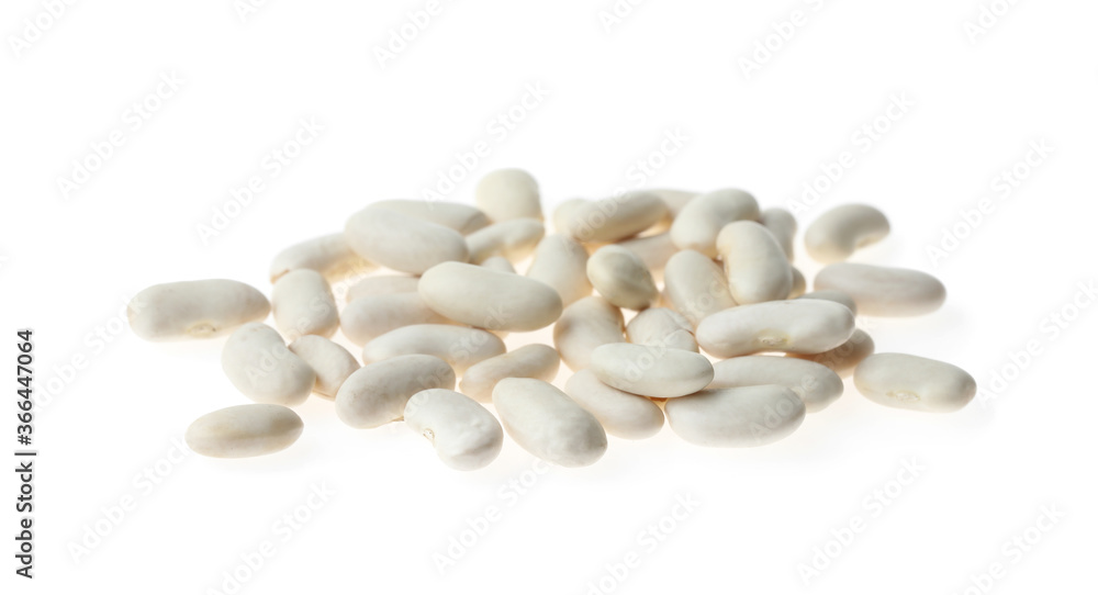 Pile of raw beans on white background. Vegetable seeds