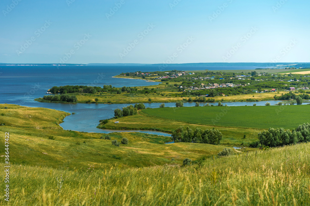 Russian landscape on the Volga, green hills and Islands