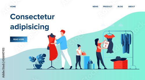 Designers organizing salesroom in boutique. People wrapping mannequin in fabric, hanging clothes and price on rack. Vector illustration for clothes production, fashion house, tailor shop concept