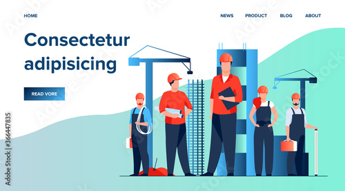 Construction team working on site. Builders, engineers, architects in helmets and overalls holding blueprints, toolkits, measuring tools. Vector illustration for building, engineering, labor