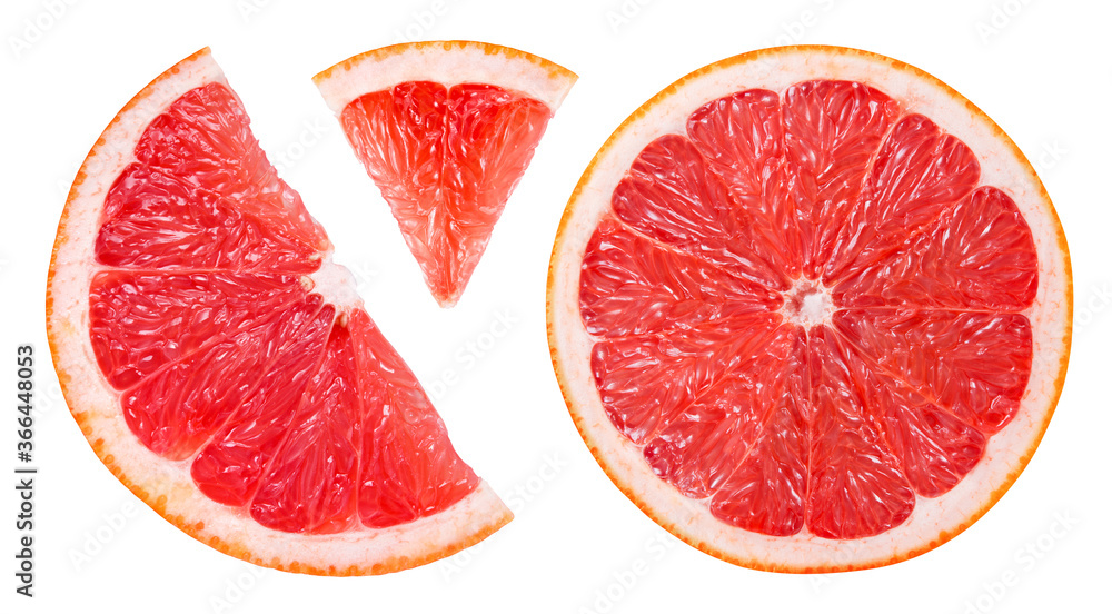 Grapefruit slice isolated. Pink grapefruit slice on white. Grapefruit pink. Flat lay. Top view. With clipping path. Grapefruit slice isolated. Pink grapefruit slice on white. Grapefruit pink. Flat lay. Top view. With clipping path.