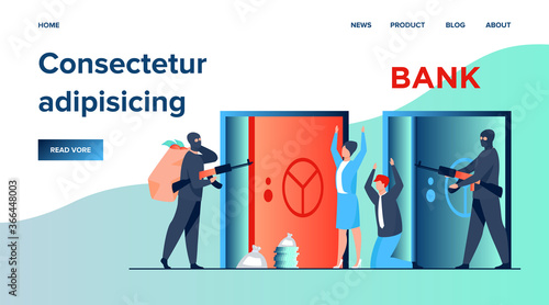 Gangsters with gun robbing bank. Criminals aiming riffle at workers, taking bags with money. Vector illustration for finance, security, robbery, burglars concept