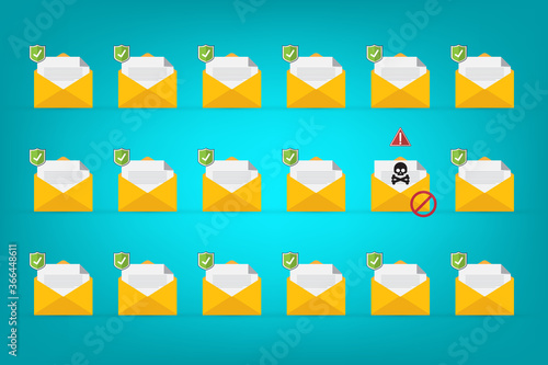 Email / envelope with black document and skull icon. Virus, malware, email fraud, e-mail spam, phishing scam, hacker attack concept. Vector illustration	