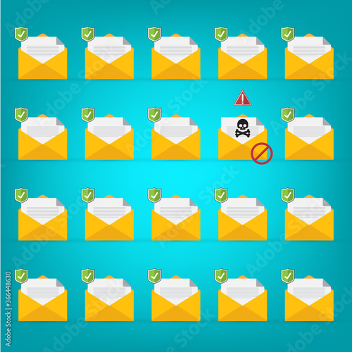 Email / envelope with black document and skull icon. Virus, malware, email fraud, e-mail spam, phishing scam, hacker attack concept. Vector illustration	