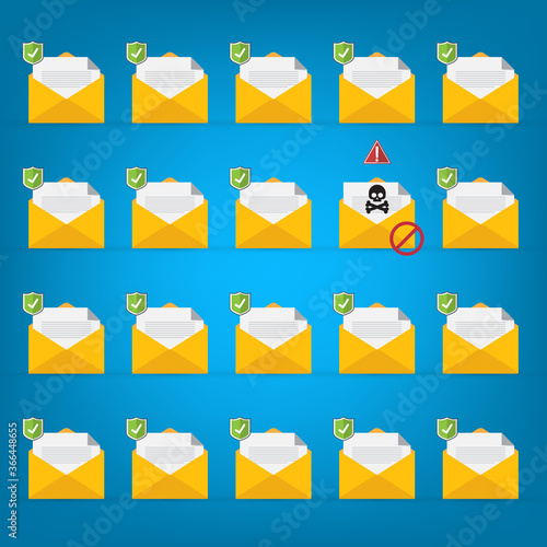 Email / envelope with black document and skull icon. Virus, malware, email fraud, e-mail spam, phishing scam, hacker attack concept. Vector illustration	