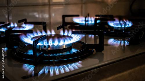 Fotografia Gas stove - burning blue flames on gas cooker