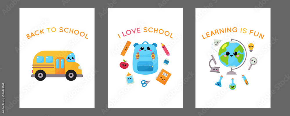Vector back to school cards on white background. School cards with education supplies. Kawaii cartoon characters - school bus, backpack, globe, pencil, microscope, flasks. Learning is fun.