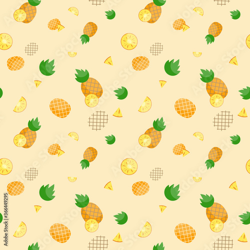 Fruit seamless pattern, pineapple on yellow wallpaper.
