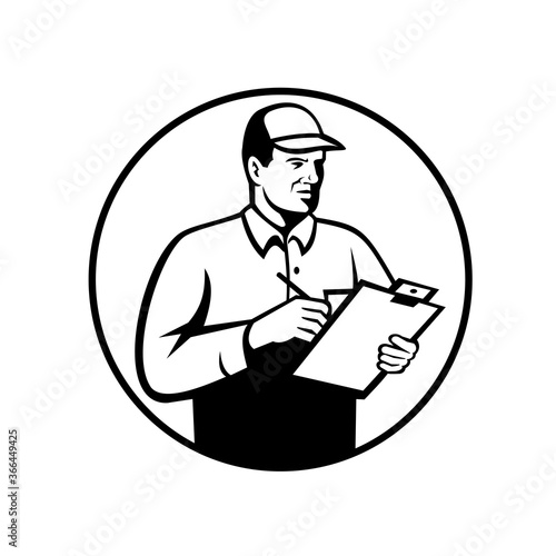 Inspector or Technician with Clipboard Checklist Inspecting Retro Black and White
