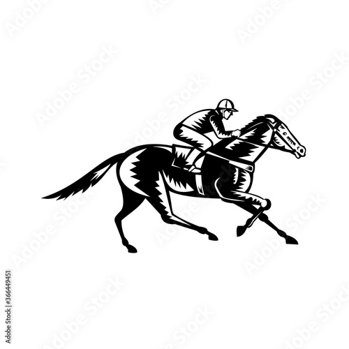 Jockey Riding Thoroughbred Horse Racing Retro Woodcut Black and White © patrimonio designs