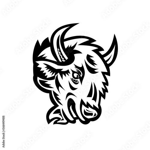 Head of an Angry North American Bison or American Buffalo Mascot Black and White