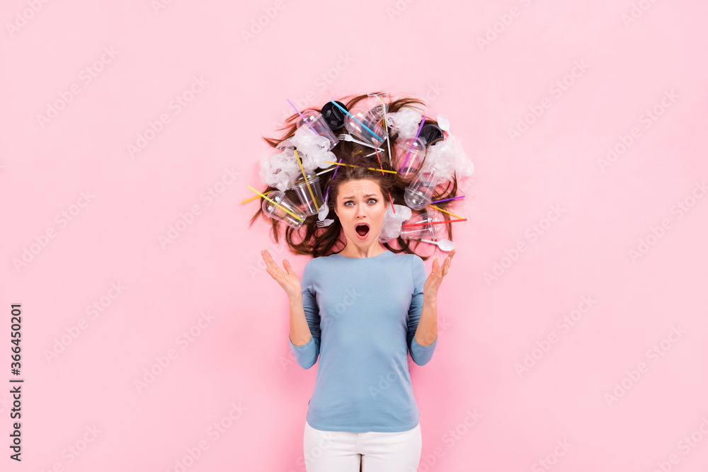 Top view above high angle flat lay flatlay lie concept of her she attractive worried miserable girl junk in hair crying decision choice plastic refusal choose isolated pink pastel color background Top view above high angle flat lay flatlay lie concept of her she attractive worried miserable girl junk in hair crying decision choice plastic refusal choose isolated pink pastel color background