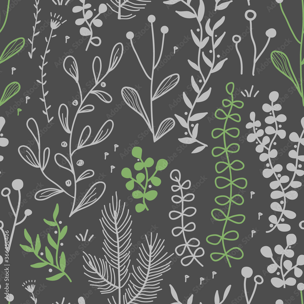 Vector seamless border with doodle forest and meadow plants. Hand drawn abstract background for textile, wallpapers, prints Vector seamless border with doodle forest and meadow plants. Hand drawn abstract background for textile, wallpapers, prints
