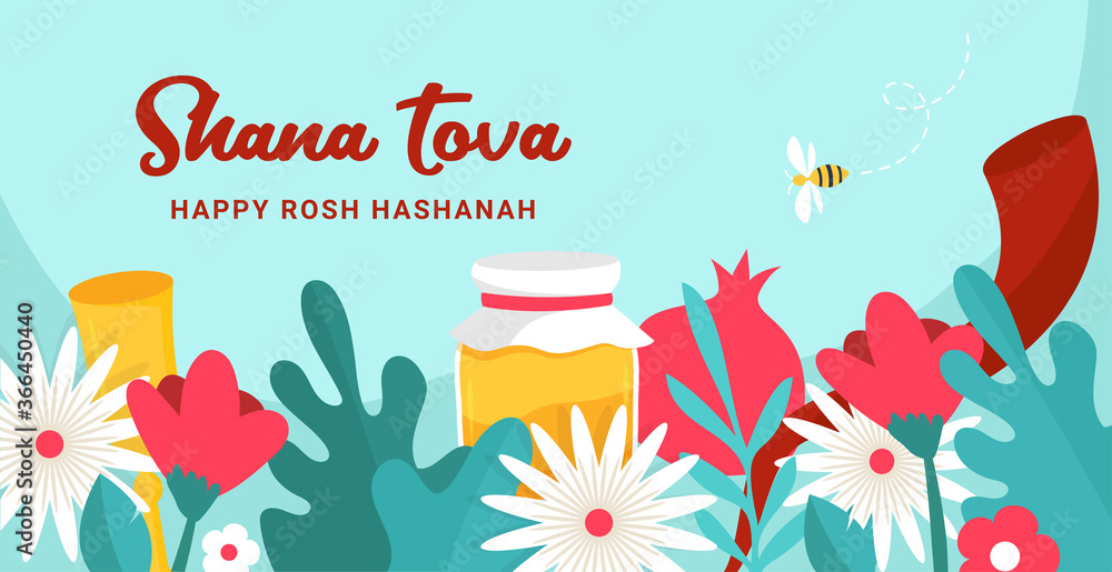 Greeting banner with symbols of Jewish holiday Rosh Hashana, New Year. Shana Tova - Blessing of Happy new year. Vector illustration design