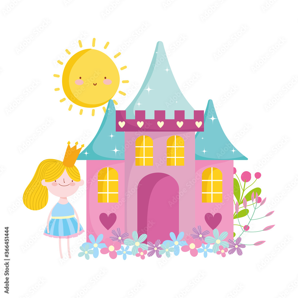 Fototapeta premium little fairy princess with castle crown flowers rainbow tale cartoon